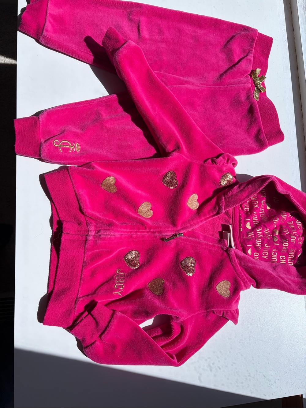 Juicy Couture Girls Bright Pink Velour Hoodie & Pants Set with Gold Hearts
